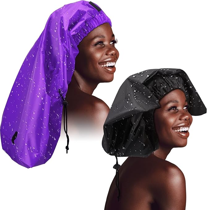 SATINIOR 2 Pcs Braid Shower Cap Jumbo Waterproof Shower Caps for Long Hair, Extra Large Adjustable Foldable Bath Caps with Drying Loop, Plastic Hair Bonnets for Women Men Dreadlocks(Classic)
