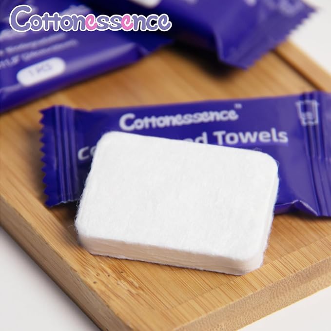 Cottonessence Premium Compressed Towels (50-Pack) - 9.4" x 11.8" Individually Wrapped Coin Tissues, Portable Towels for Travel, Hiking, Gym, Spa, Beauty Salon, Makeup, Baby Care, Outdoor Use