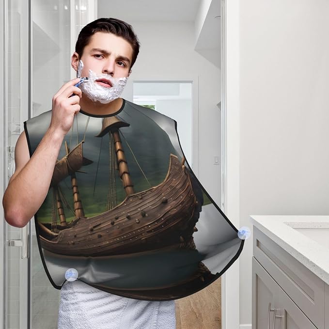 Viking Boat Print Beard Bib Apron For Men, Beard Hair Catcher For Men Shaving Trimming,Beard Cape Cloth