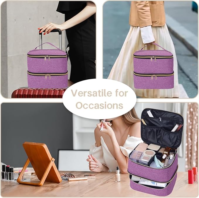 TANPADUAJI Double Layer Makeup Bag Portable Large Cosmetic Case Organizer with Adjustable Dividers Storage Travel Bag for Accessories Brushes Conditioner and Skin Care Products (Purple)