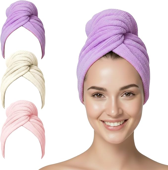 3 Pack Microfiber Hair Towel Wrap for Women, Fast Drying Hair Turban with Button, Anti-Frizz Large Hair Towel for All Hair Styles, Soft & Absorbent Hair Drying Towel