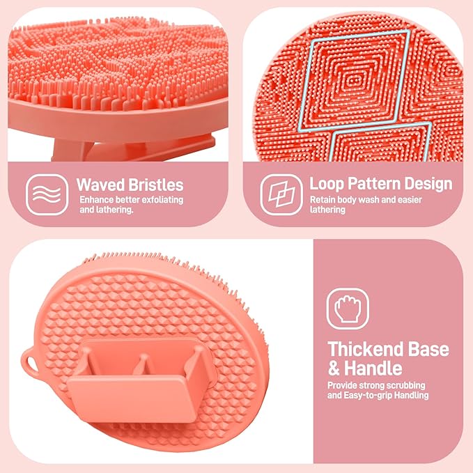 Upgrade Silicone Shower Foot Scrubber Mat & Silicone Body Scrubber Set, Large Wall-Mounted Back Scrubber Back Washer to Clean, Exfoliate and Massage Without Bending(Pink+Body Scrubber)
