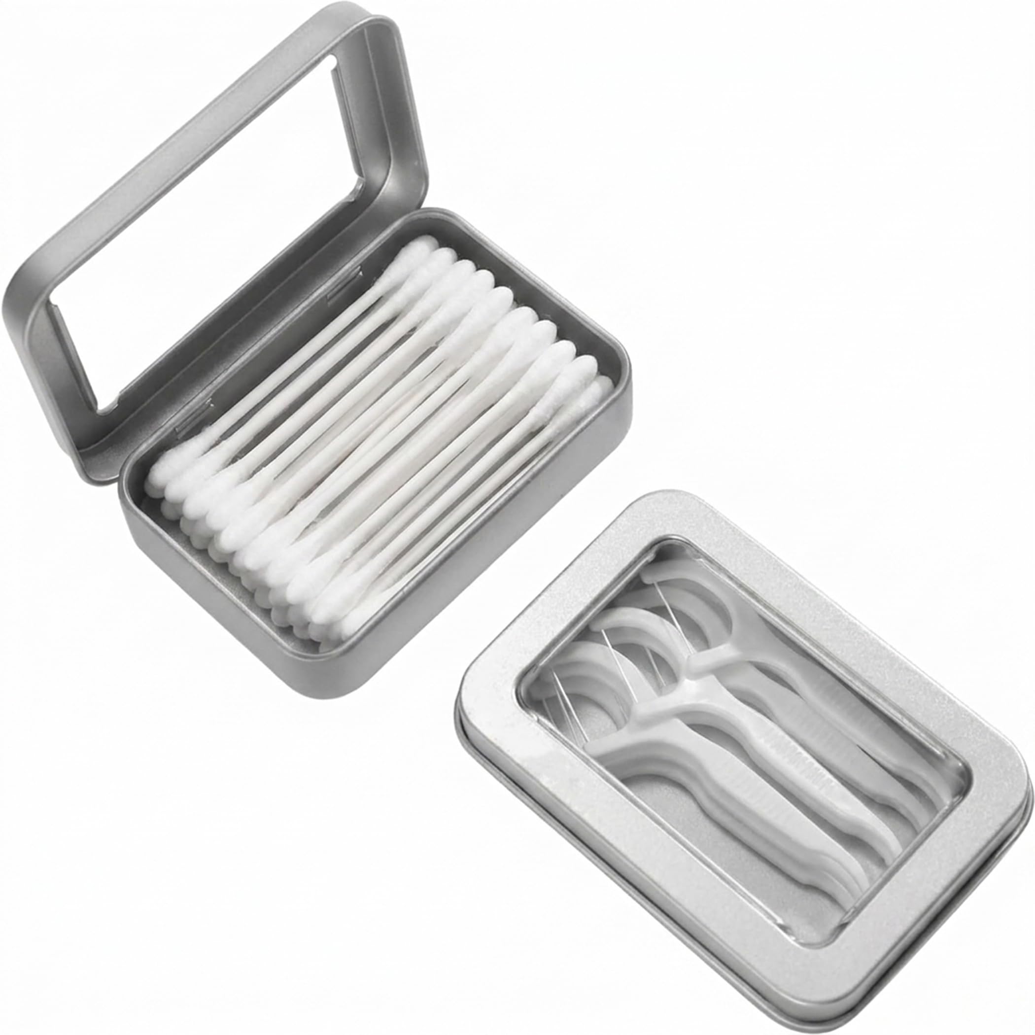 LIGHUFEIC 2 PCS Portable Cotton Swab & Floss Holder,Travel-Size Empty Metal Containers with Dustproof Lids for Cotton Swabs, Floss Picks, Hair Ties, and Small Items(Silver)