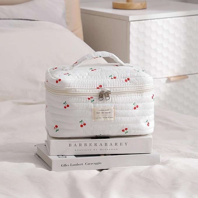 uekeboag Large Travel Quilted Makeup Bag for Women, Floral Cotton Cosmetic Bag, Coquette Aesthetic Floral Toiletry Organizer Bag(12Striated Cherry