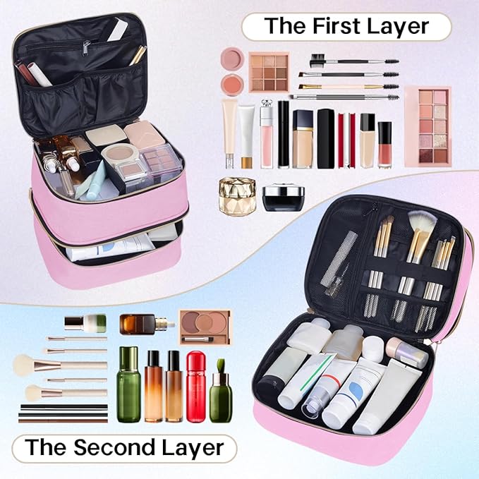 TANPADUAJI Double Layer Makeup Bag Portable Large Cosmetic Case Organizer with Adjustable Dividers Storage Travel Bag for Accessories Brushes Conditioner and Skin Care Products (Pink Gold)