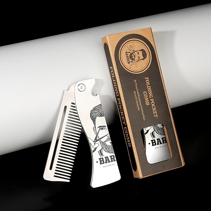 Metal Beard Comb for Men, Folding, 201 Steel, Laser-Etched Handle, 0.17lb