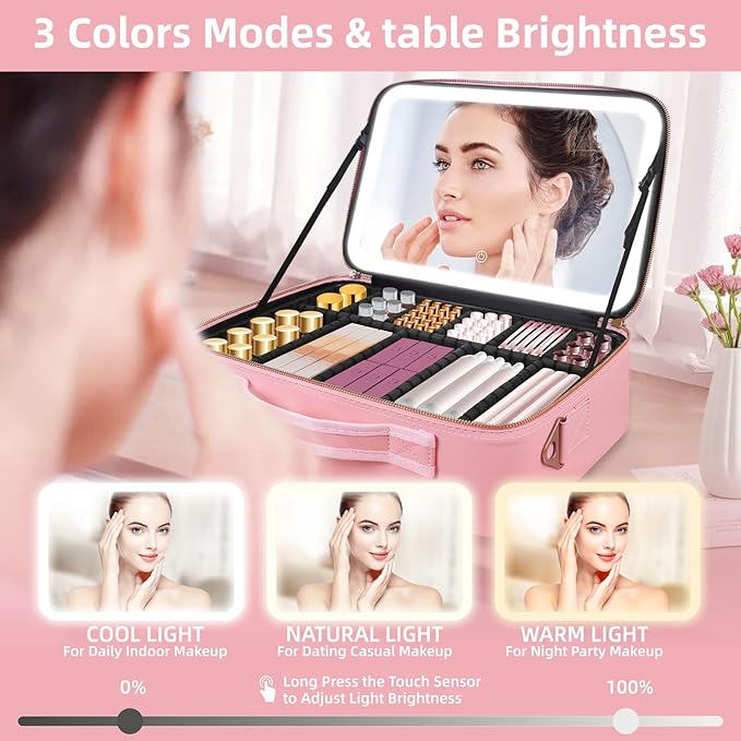 Suupvaor Upgraded Large Travel Makeup Bag with LED Mirror, 15” Makeup Case
