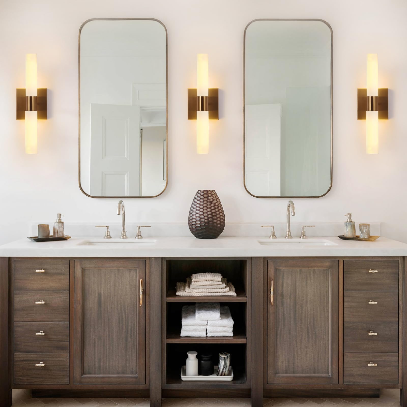 KUZZULL Modern Wall Sconces, Set of 2 Brushed Brass Gold, Frosted Glass Shade, Indoor Wall Mounted Lights, Bathroom Sconces, 36 cm, for Bedroom Wall Lamp