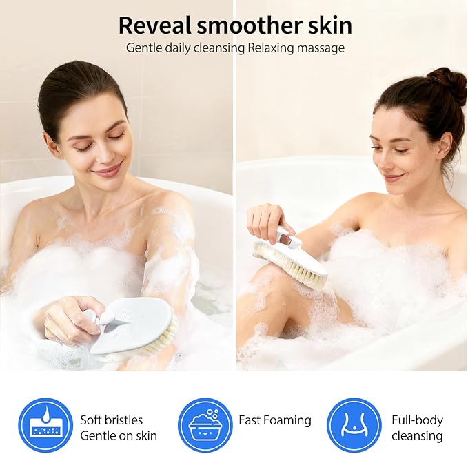 Shower Brush for Body, Extra-Large Bath Brush with Ergonomic Curved Design, Soft-Medium Bristles for Gentle Exfoliation & Full-Body Cleansing, Comfortable Short Handle for Men & Women