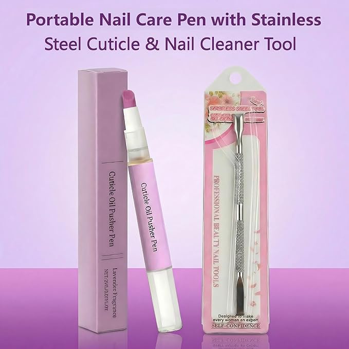 Ceramic Cuticle Pusher & Nail Oil Pen, 2-in-1 Nail Care Tool, Gentle Hangnail Remover for Dry or Damaged Nails, Portable Pen with Stainless Steel Cuticle & Nail Cleaner