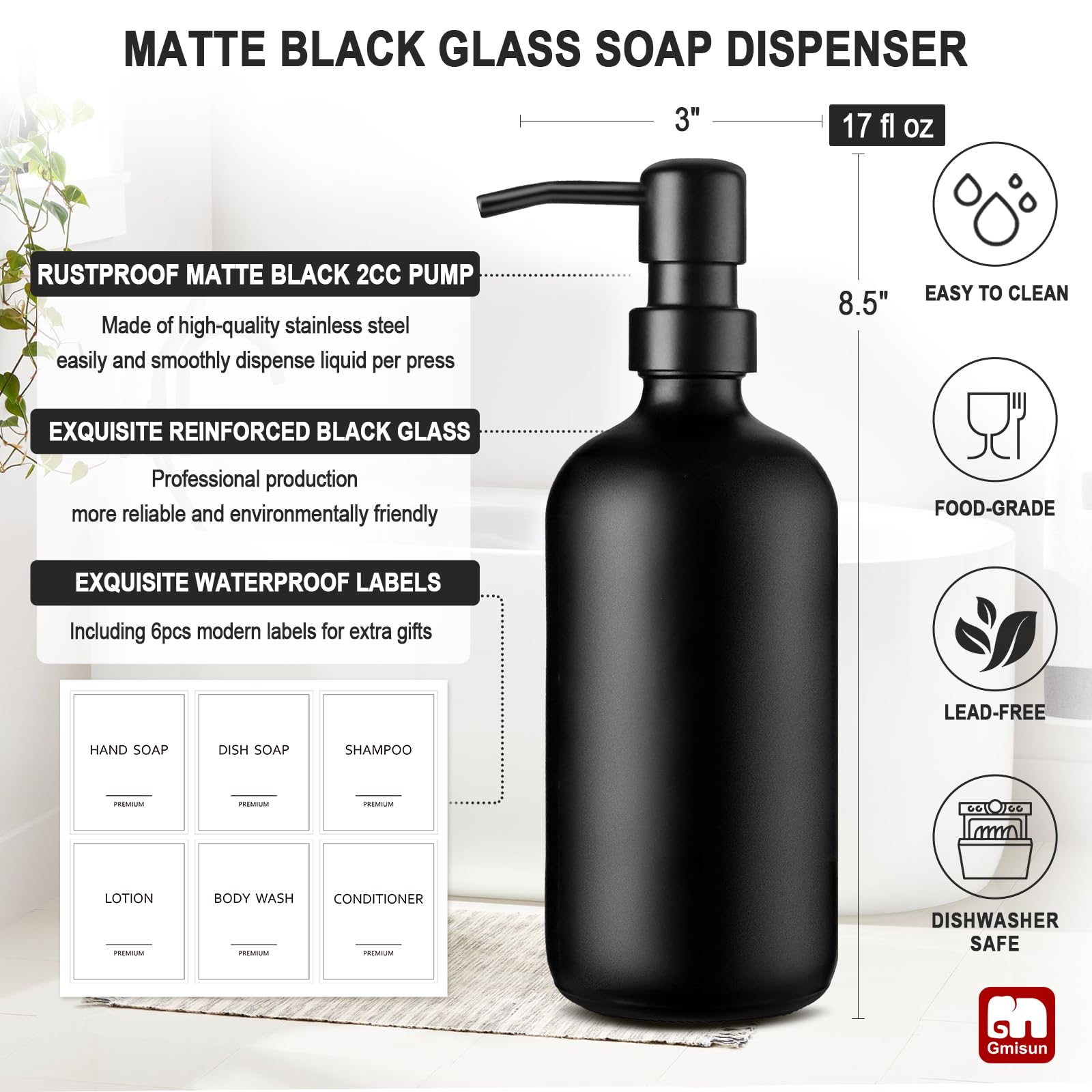 GMISUN Black Soap Dispenser, 2 Pack Matte Black Hand Soap Dispensers for Bathroom, 17 Fl Oz Glass Dish Soap Dispensers for Kitchen with Stainless Steel Pump, Modern Liquid Soap Bottle