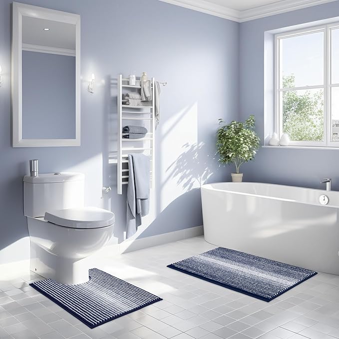 Bathroom Rugs Sets 2 Piece, Toilet Rugs U-Shaped, Contour Bath Mat Set for Toilet Bathroom, Soft Absorbent Chenille Bath Carpet, Quickly Dry, Washable (Navy, 32" x 20" + 24" x 20")