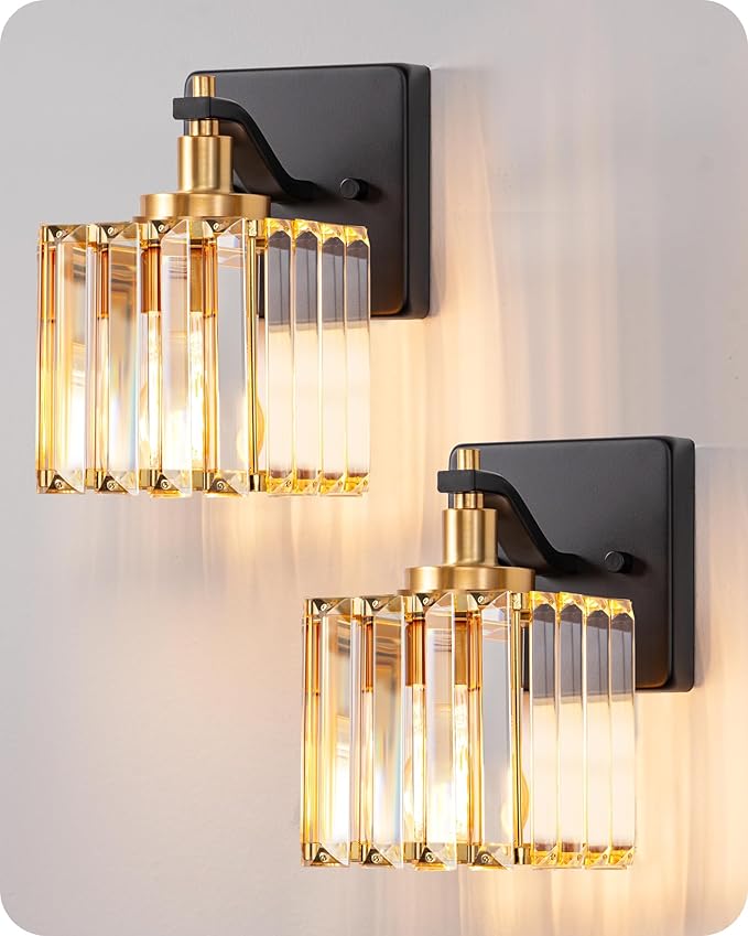 EDISHINE Black Gold Bathroom Vanity Light Fixtures with Crystal Shade, E26