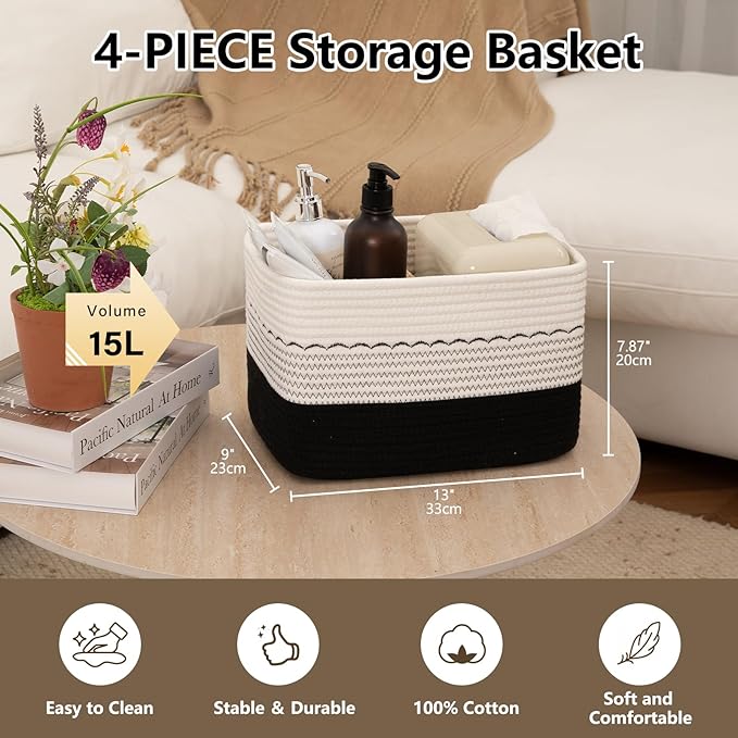 4 Pack Storage Baskets for Organizing, 13"X9"X7.87", Decorative Cotton Rope Baskets for Shelves, Small Woven Basket for Toys, Books and Towels, Black & White