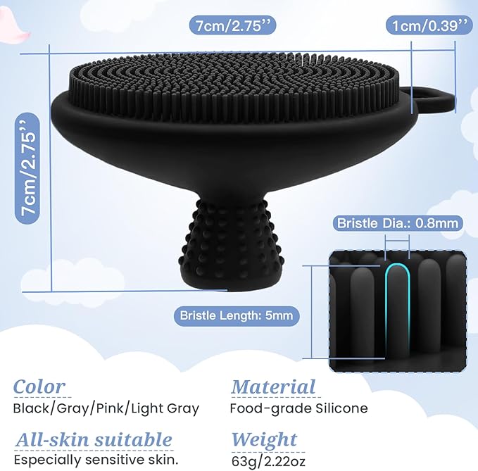 Silicone Face & Back Scrubber Set, Manual Face & Body Scrubber Exfoliator with Soft Bristles and Non-Slip Handle, Back Brush Bath Brush with 2 Detachable Brush Heads(3PCS Black Set)