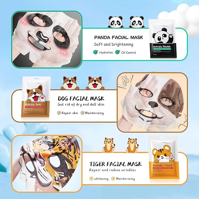 6 Packs Animal Character Facial Masks, Deep Hyrating Spa Masks for All Skin Types, Gift for Kids' Birthady Party, Girl's Night, Enjoy Skincare Life