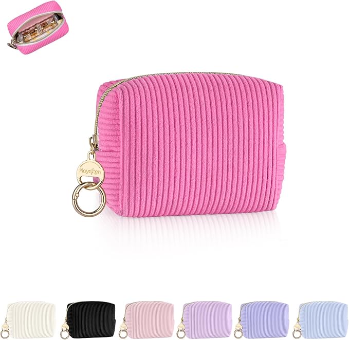 Playexen Mini Makeup Bag, Corduroy Small Cosmetic Bag for Purse, Rose Red