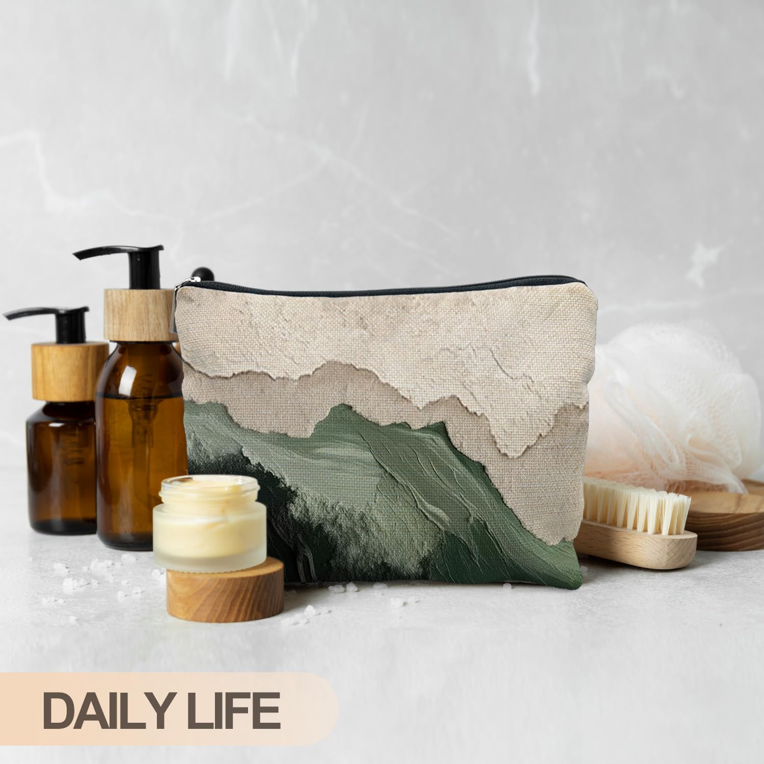 RYYCDOI Abstract Sage Green Beach Makeup Bag, Modern Ocean Waves Beachy Cosmetic Bags for Women, Gifts for Beach Lovers, Minimalist Beige Ocean Aesthetic Zipper Makeup Pouch