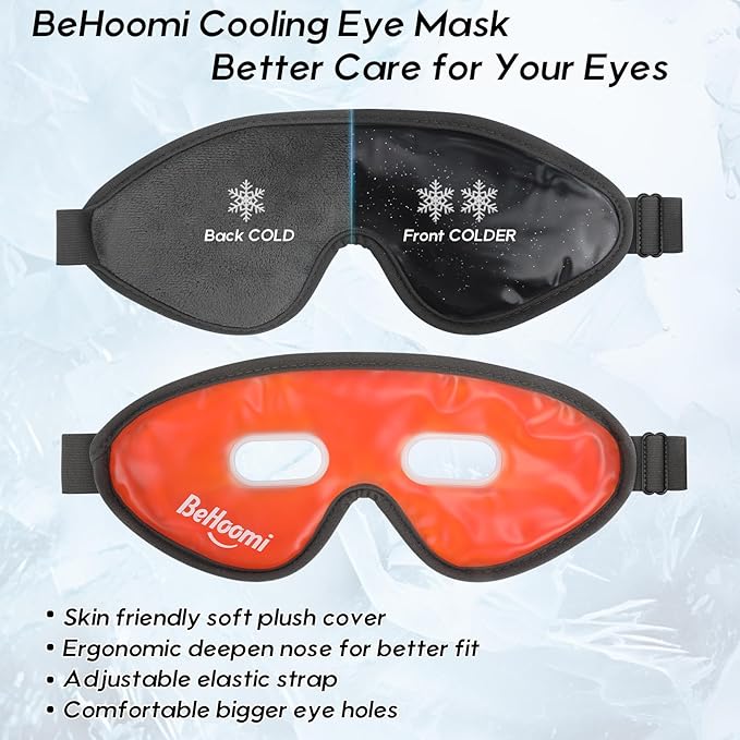 BeHoomi 2Packs Cooling Eye Masks, Ice Eye Mask Cold Compress for Eyes, Reusable Cold Gel Eye Mask for Eye Relaxation, Comfort Snug Fit, Eye Cover for Home, Office, Black & Orange