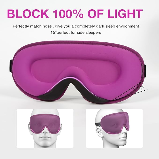 LYSIAN 3D Sleep Mask for Side Sleepers, Blackout Eye Mask with No Pressure on Eyes, Adjustable Comfortable Blindfold with 5 Pairs of Ear Plugs for Sleeping, Travel, Nap, Purple