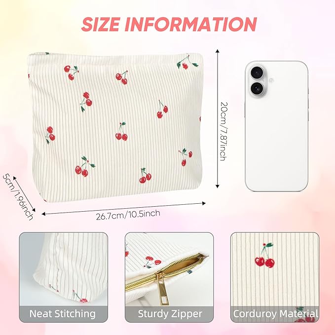 Ksriylm Cute Makeup Pouch for Women Cherries Small Make Up Bag for Purse Zipper Makeup Cosmetic Bags Pouches for Purse Aesthetic Travel Toiletrybags,Red Cherry Cute