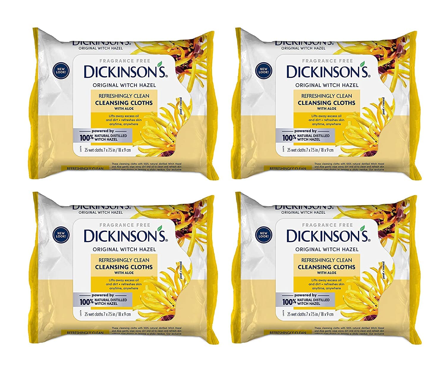 Dickinson's Witch Hazel Cleansing Cloths with Aloe | 25 Ct (Pack of 4)