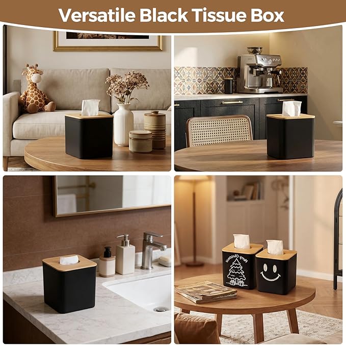 Tissue Box Cover Square, Modern Black Facial Tissue Holder with Bamboo Lid