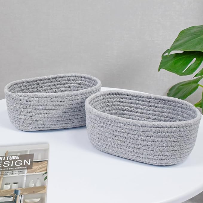 【2 Pack】ABenkle Small Woven Baskets, Tiny Oval Shallow Storage Baskets, Mini Cotton Rope Empty Decorative Basket, Boho Little Organizer Bins for Bathroom, Cat Dog Toy Gifts Baskets