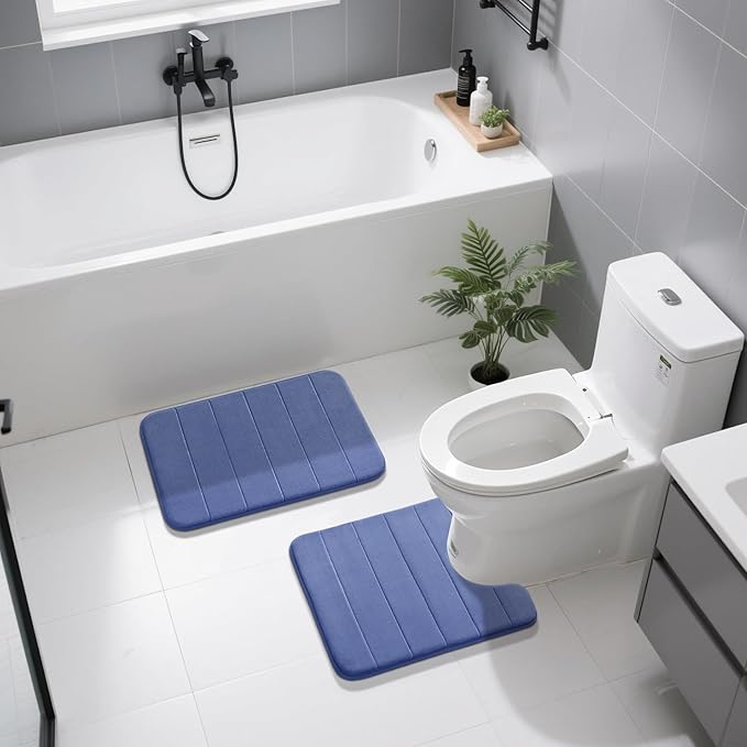 Yimobra U-Shaped Toilet Bath Mat Set 2 Piece - Soft Absorbent Quick Dry Memory Foam Bathroom Rugs, Machine Washable Non Slip Floor Carpet for Tub Shower & Single Sink (17x24 & 24x20, Navy Blue)