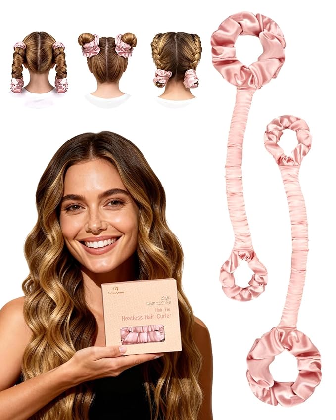 BONNET QUEEN 2 Pack Medium Satin Heatless Hair Curler for Medium to Long Thick Hair, Heatless Curls Overnight, Hair Curlers to Sleep In, Damage-Free Waves with Built-in Scrunchie, Cream Pink