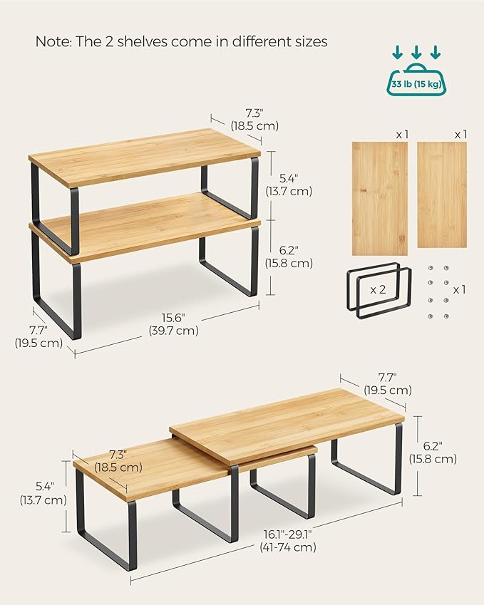 SONGMICS Cabinet Organizer Shelf, Set of 2 Kitchen Counter Shelves, Kitchen Storage, Spice Rack, Stackable, Expandable, Metal and Engineered Wood, 15.6 Inches, Ink Black and Natural Beige UKCS200B01