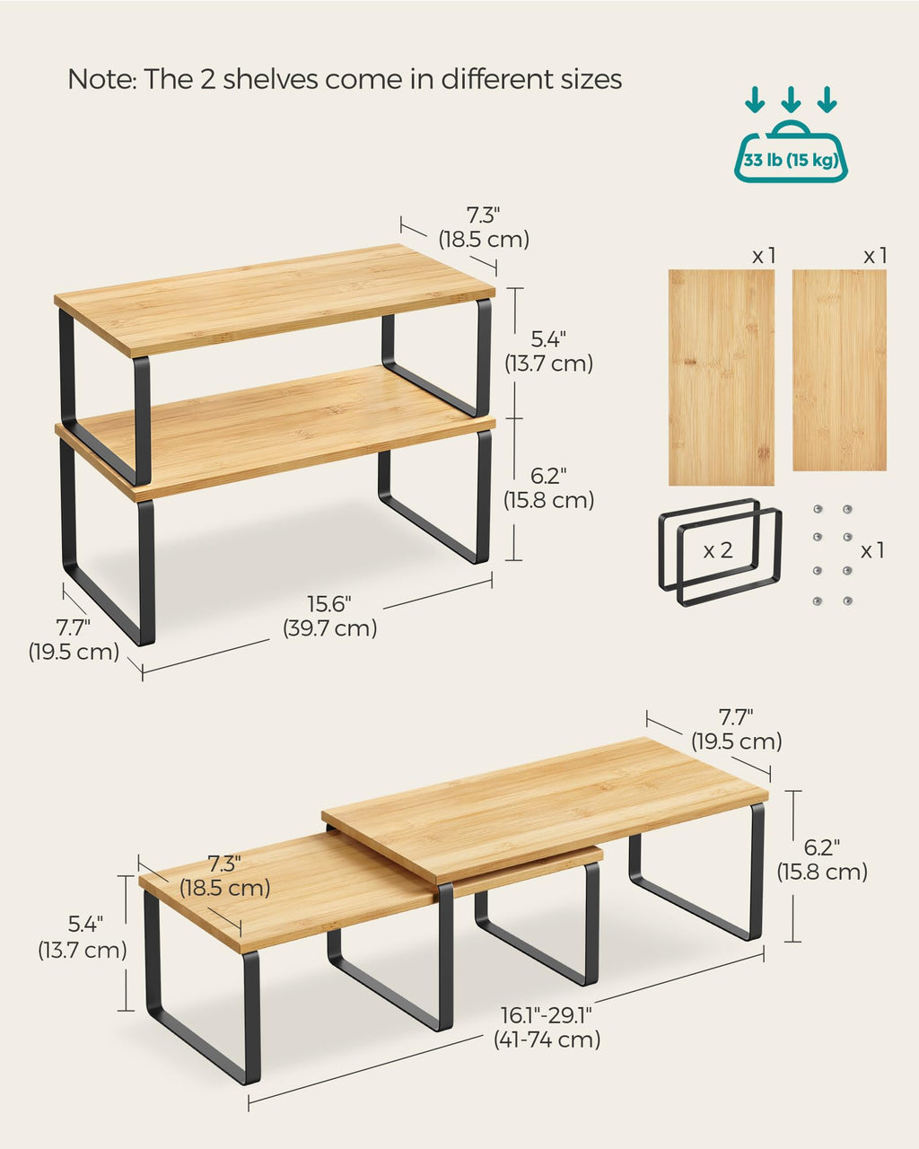 SONGMICS Cabinet Organizer Shelf, Set of 2 Kitchen Counter Shelves, Kitchen Storage, Spice Rack, Stackable, Expandable, Metal and Engineered Wood, 15.6 Inches, Ink Black and Natural Beige UKCS200B01