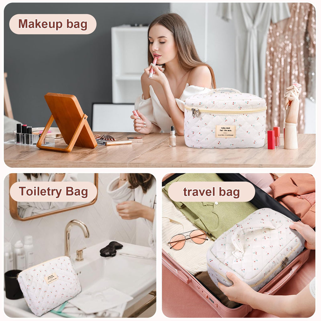 GISMTR 3Pcs Cotton Quilted Makeup Bag Large Travel Cosmetic Bag Coquette Makeup Pouch Cute Aesthetic Floral Toiletry Bag for Women Girls (cherry-B)