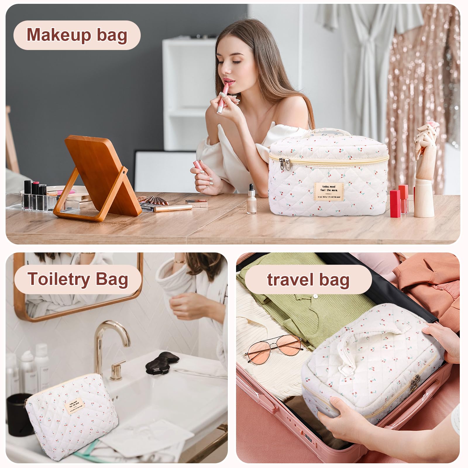 GISMTR 3Pcs Cotton Quilted Makeup Bag Large Travel Cosmetic Bag Coquette Makeup Pouch Cute Aesthetic Floral Toiletry Bag for Women Girls (cherry-B)