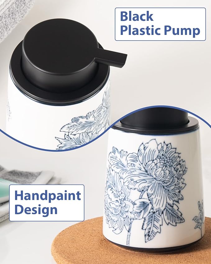 Hand Soap Dispenser for Bathroom, Ceramic Lotion Dispenser, Chinoiserie Bathroom Accessories, Blue and White Flowers and Branches