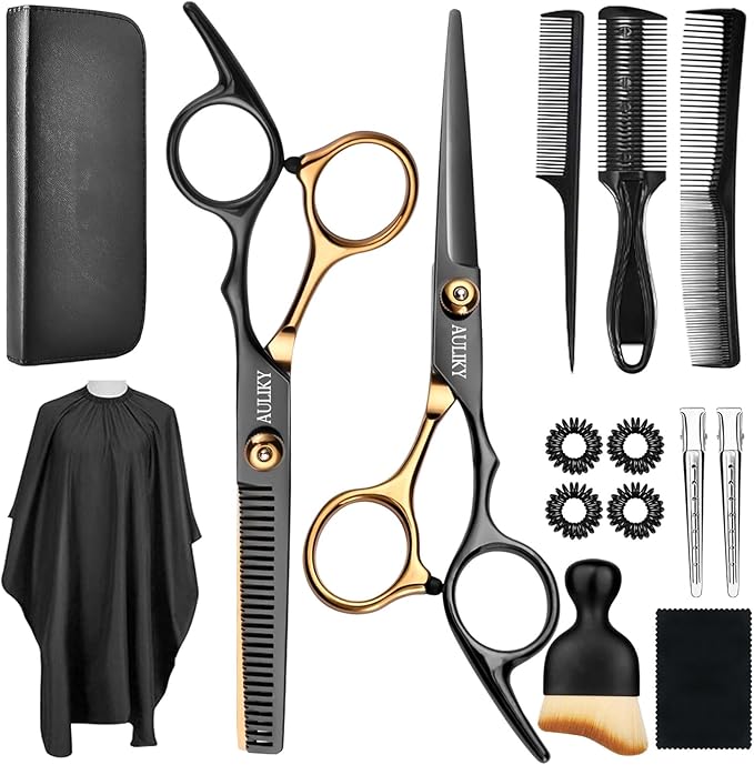 AULikY Hair Cutting Scissors Shears Kits, 15 Pcs Professional Stainless Steel Hairdressing Shears Set Thinning Scissors for Barber/Salon/Home/Men/Women/Kids/Adults