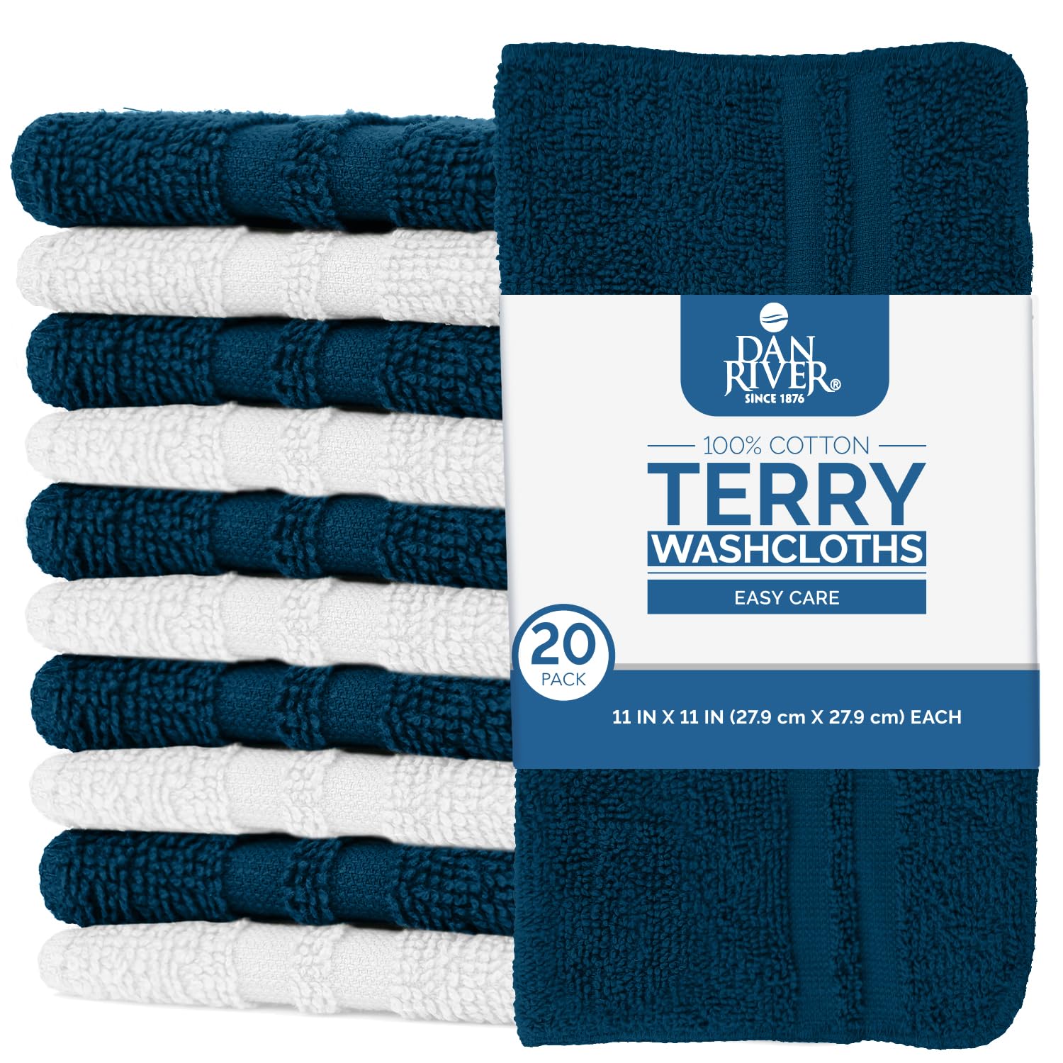 DAN RIVER 100% Cotton Washcloths 20 Pack Premium Quality Face and Body Cloth, Quick Dry Essential Towels for Bathroom, Hand, Kitchen & Cleaning, Baby Washcloths | 11X11 in | 400 GSM | Blue Opal+White