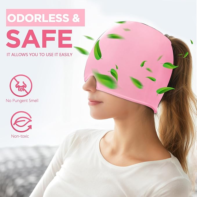 Migraine Relief Cap, Headache Relief Hat for Migraine Cap, Hot and Cold Therapy, Headache Eyes Mask for Stress Relief, Ice Pack Head Wrap for Sinus, Puffy Eyes, Tension, Pink
