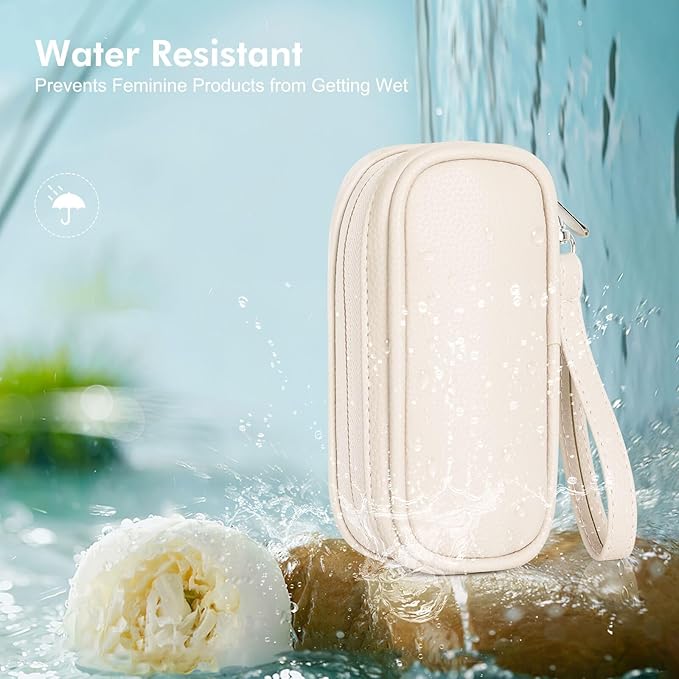 Teircno Portable Tampon Organizer Bag, Beige PU Pouch with Handle and Zipper for Women's Period Products