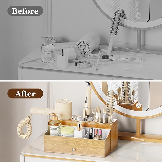 GFWARE Hot Hair Styling Tool Organizer with Drawer & 3 Cooling Cups, Wood