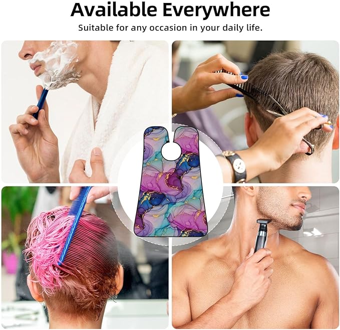 Adjustable Beard Bib, Non-Stick Hair Catcher Cape for Men's Shaving, Waterproof with 2 Suction Cups, Purple Gold Marble Shave Bib