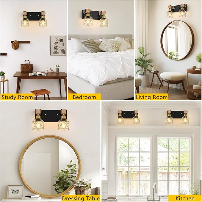 FadimiKoo Rustic Style Wood Bathroom Wall Sconces, 2-Light Black Gold Bathroom Vanity Light Fixtures with Metal Shade, Light Fixtures Wall Mount for Living Room, Hallway, Dressing Table