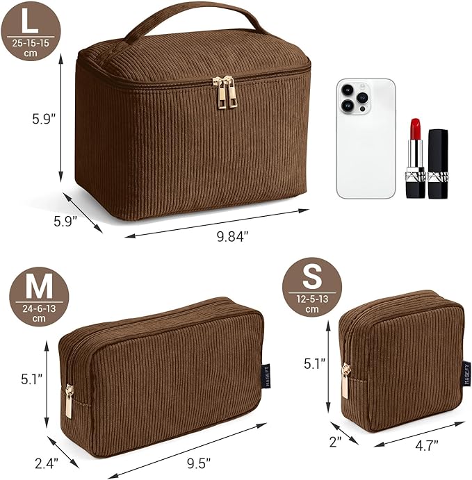 MAGEFY Makeup Bag, 3 Pcs Cosmetics Bag Large Capacity with Handle Make Up Bag for purse Corduroy Bag Pouch for Purse Organizer Bag-Brown