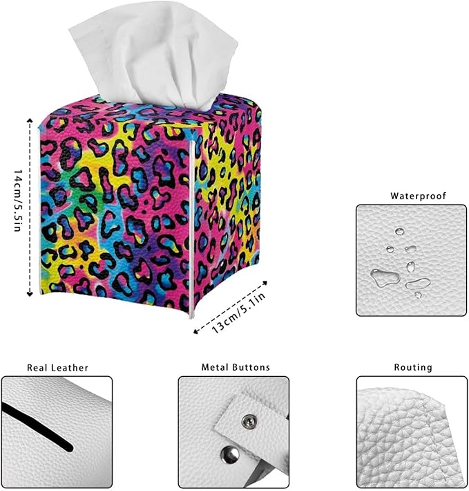 Rainbow Leopard Tissue Box Holder Waterproof PU Leather Square Tissue Box Cover Organizer with Metal Button Napkin Case for Home Office Car