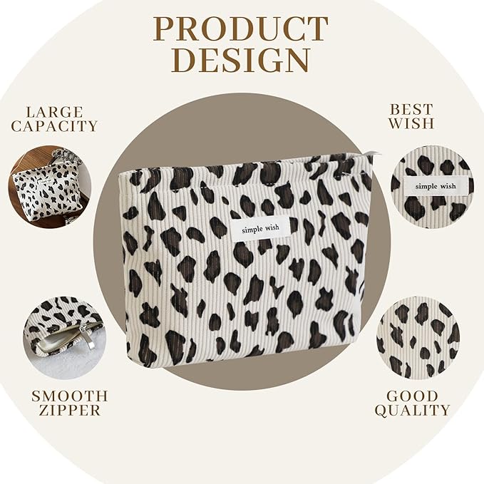 Wudygirl Makeup Bag Travel Cosmetic Bag for Women Small Makeup Pouch with Handle Zipper Cosmetic Pouch Handbag Aesthetic 8.3" x 5.9"(White Leopard)