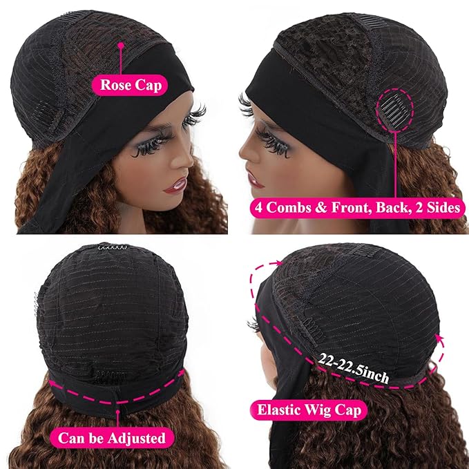 Aiterina Headband Wig Human Hair Ombre Highlight Curly Human Hair Wig Headband Wigs for Black Women None Lace Front Machine Made Human Hair Wig 150% Density (10 inch, 4/27 Highlight)