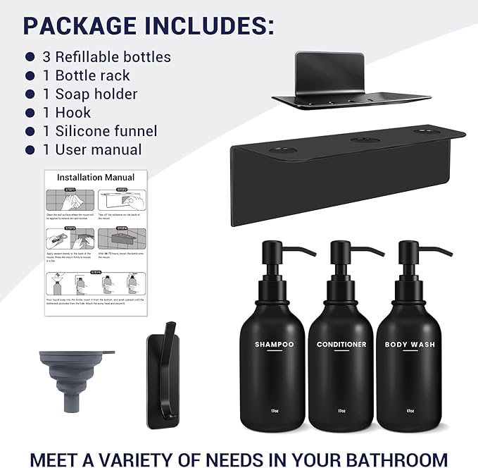 KLL Shampoo and Conditioner Dispenser Set - Shower Soap Dispenser Wall Mounted - Drill Free 16.9 fl oz Set of 3 Plastic Pump Bottles and Soap Holder - Shampoo Dispenser, Shower Dispenser - Black