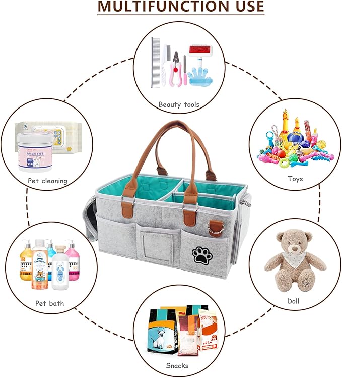 Brabtod Felt Dog Grooming Bag,Portable Tote Bag for Dogs Cats,Dog Storage Organizer for Grooming Tool Kit,3 Compartments Pet Stuff Oganizers with 8 Pockets-Grey