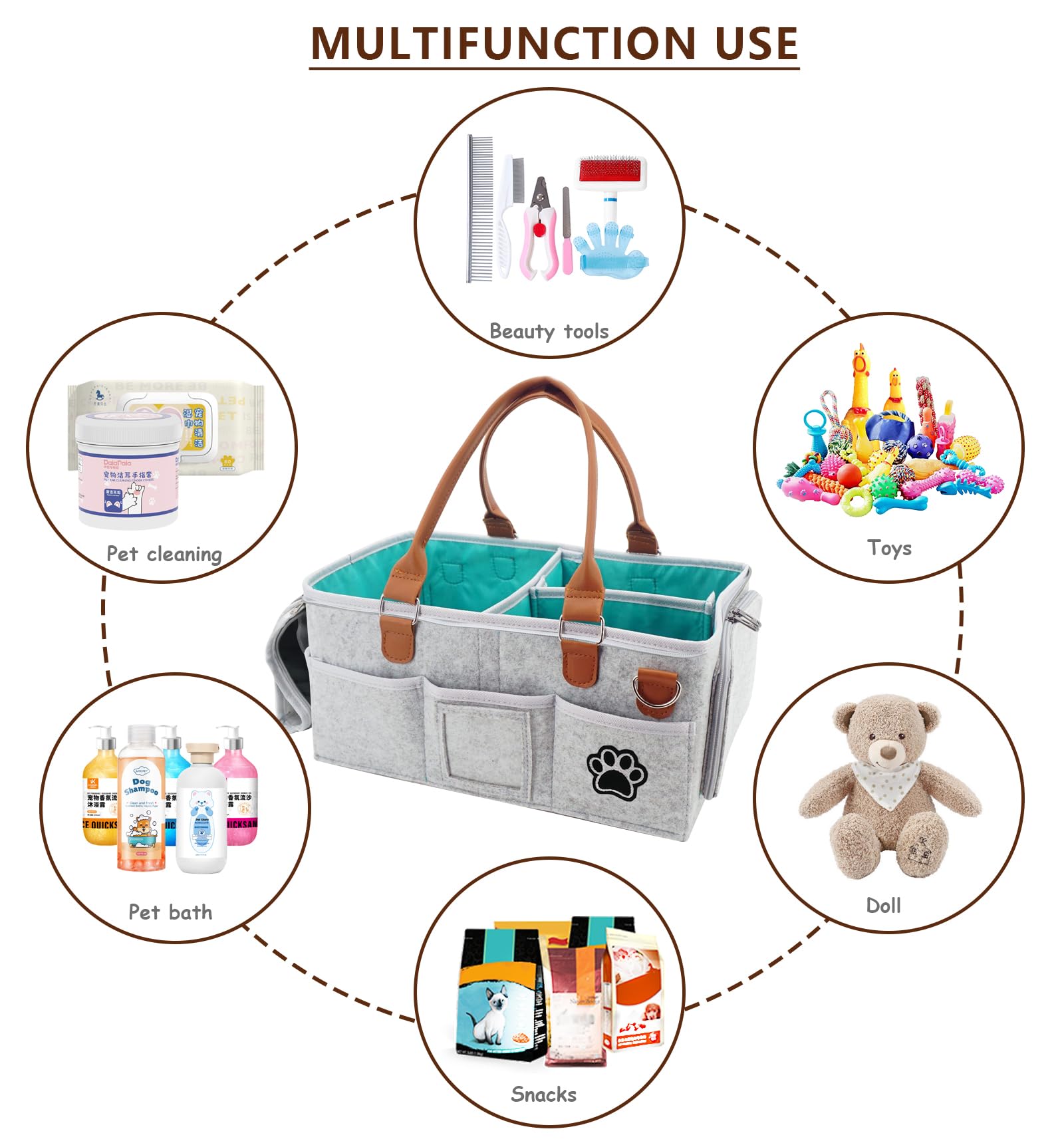 Brabtod Felt Dog Grooming Bag,Portable Tote Bag for Dogs Cats,Dog Storage Organizer for Grooming Tool Kit,3 Compartments Pet Stuff Oganizers with 8 Pockets-Grey