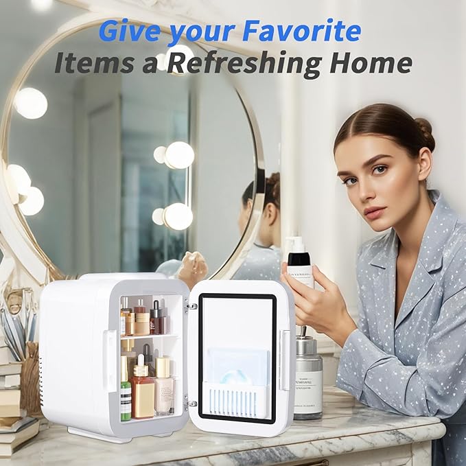 YASHE Skincare Fridge Mini Fridge for Bedroom with Dimmable LED Mirror, 4Liter/6 Cans Cooler and Warmer for Makeup, Cosmetic, Beauty, Portable Refrigerator for Bedroom, Vanity, Office and Car- White